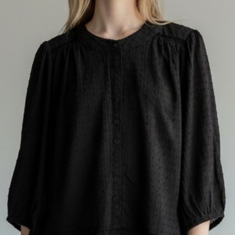 Black Button-Front Textured Blouse